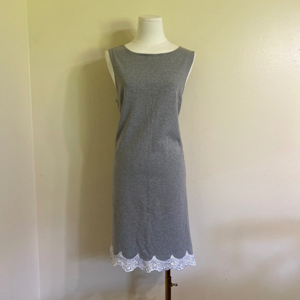Andrea Jovine Heather Gray Sleeveless Lace Hem Shift Dress Womens Large L